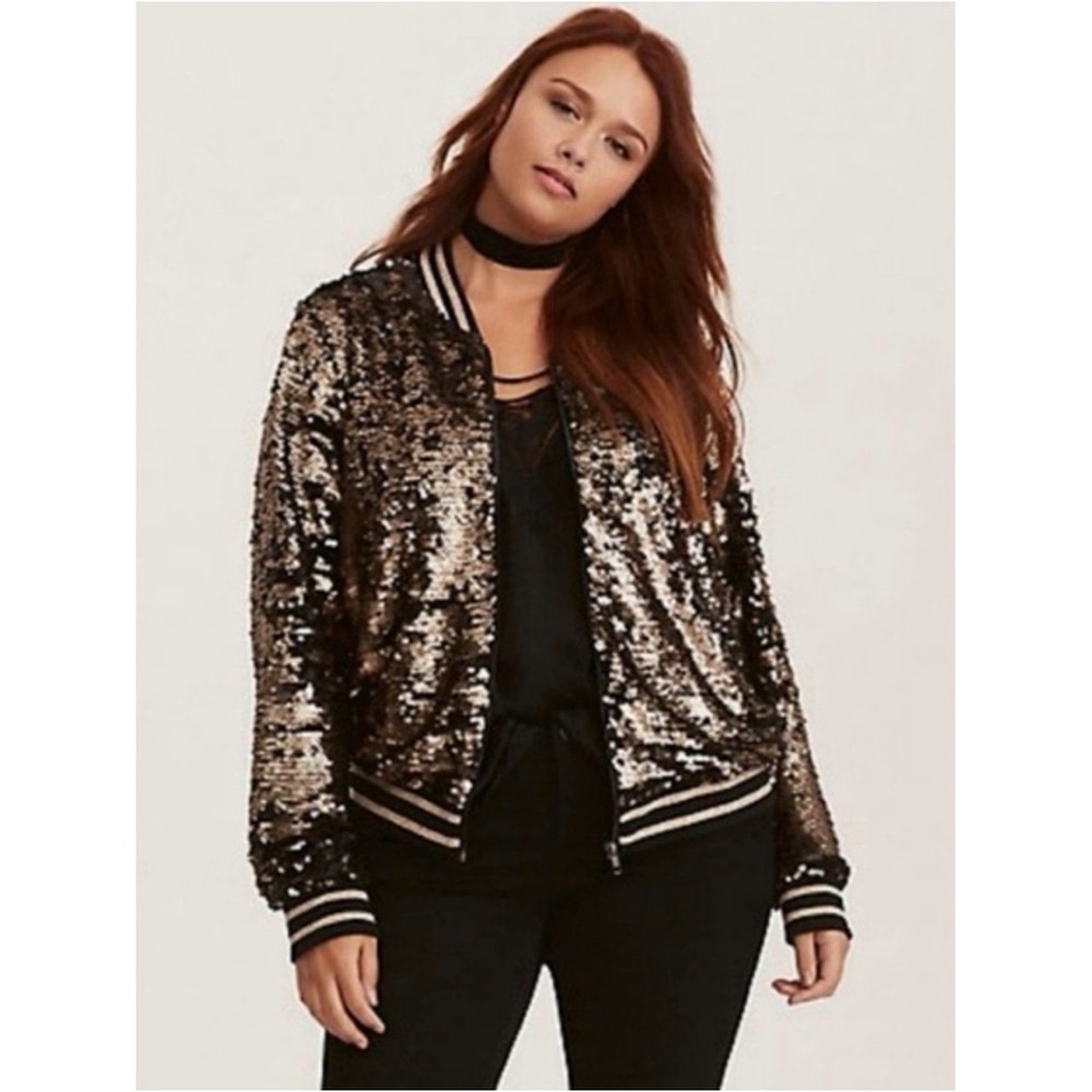 torrid Runway Collection 2x Metallic Gold and Black Sequin Bomber Jacket Party